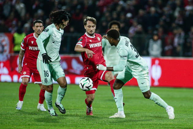 SOCCER - UEFA Conference League - CSKA vs. AS Monaco Photo by IPA ABACAPRESS.COM89726347 - Monaco s Ansu Fati and Takumi Minamino in action against CSKA s Angelo Martino during the UEFA Conference League match between PFC CSKA and AS Monaco at Vasil Levski National Stadium in Sofia, Bulgaria, on October 15, 2026 Sofia Bulgaria Copyright: xIPAxSport ABACAx