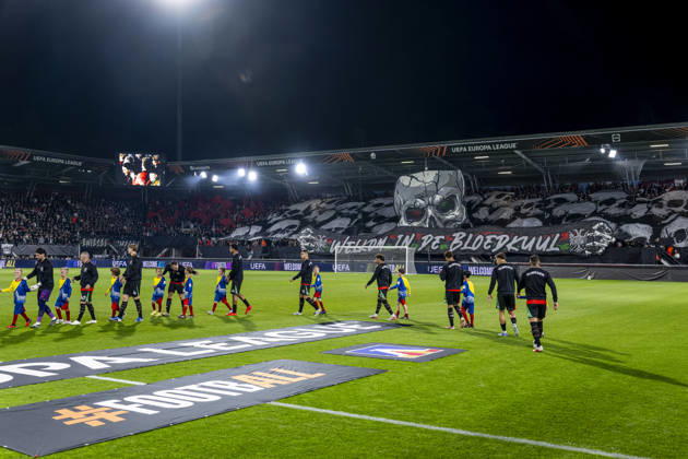 NIJMEGEN - NEC supporters held up a banner as both teams came onto the pitch ahead of the UEFA Europa League match between N.E.C. and Levski Sofia at Stadion De Goffert on 15 October 2026 in Nijmegen, Nederland. (Photo by DeFodi Images) -