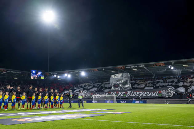 NIJMEGEN - Supporters of NEC displayed a banner during the entrance of both teams ahead of the UEFA Europa League match between N.E.C. and Levski Sofia at Stadion De Goffert on 15 October 2026 in Nijmegen, Nederland. (Photo by DeFodi Images) -