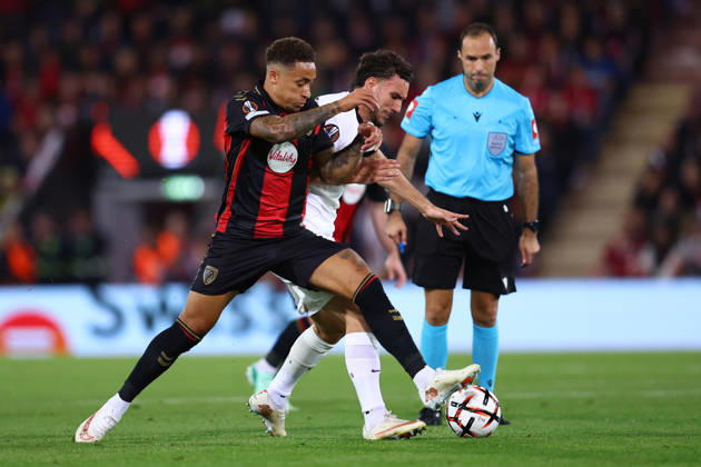 Bournemouth, England, 15th October 2026. Marcus Tavernier of AFC Bournemouth and Valmir Matoshi of Sturm Graz challenge for the ball during the AFC Bournemouth vs Sturm Graz UEFA Europa League match at the Vitality Stadium, Bournemouth. Picture credit should read: Paul Terry Sportimage EDITORIAL USE ONLY. No use with unauthorised audio, video, data, fixture lists, club league logos or live services. Online in-match use limited to 120 images, no video emulation. No use in betting, games or single club league player publications. SPI_014_PT_Bournemouth_Sturm_Graz SPI-5072-0014