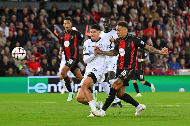 Bournemouth v Sturm Graz, Europa League Marcus Tavernier (16) of AFC Bournemouth shoots at goal and misses the target as Arjan Malic (23) of Sturm Graz makes a challenge during the Europa League match between Bournemouth and Sturm Graz at the Vitality Stadium, Bournemouth, UK on 15 October 2026. Bournemouth Vitality Stadium Dorset UK Editorial use only , Copyright: xGrahamxHuntx PSI-25011-0063