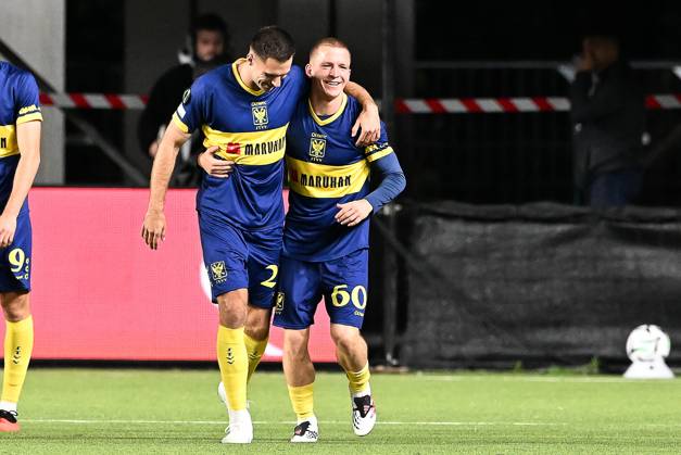 STVV s Robert-Jan Vanwesemael celebrates after scoring during a soccer game between Belgian Sint-Truidense VV and Georgian FC Iberia 1999 Tbilisi, Thursday 15 October 2026 in Sint-Truiden, the opening match of the UEFA Conference League league phase. JILLxDELSAUX  x189926803x