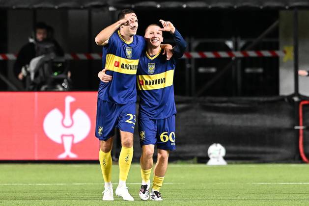 STVV s Robert-Jan Vanwesemael celebrates after scoring during a soccer game between Belgian Sint-Truidense VV and Georgian FC Iberia 1999 Tbilisi, Thursday 15 October 2026 in Sint-Truiden, the opening match of the UEFA Conference League league phase. JILLxDELSAUX  x189926815x