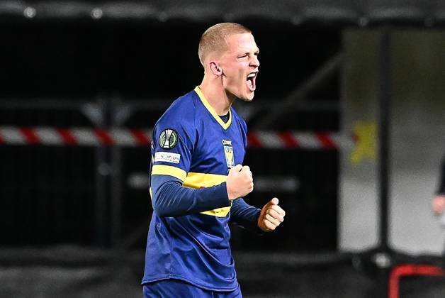 STVV s Robert-Jan Vanwesemael celebrates after scoring during a soccer game between Belgian Sint-Truidense VV and Georgian FC Iberia 1999 Tbilisi, Thursday 15 October 2026 in Sint-Truiden, the opening match of the UEFA Conference League league phase. JILLxDELSAUX  x189926838x