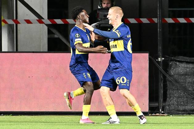 STVV s Robert-Jan Vanwesemael celebrates after scoring during a soccer game between Belgian Sint-Truidense VV and Georgian FC Iberia 1999 Tbilisi, Thursday 15 October 2026 in Sint-Truiden, the opening match of the UEFA Conference League league phase. JILLxDELSAUX  x189926868x