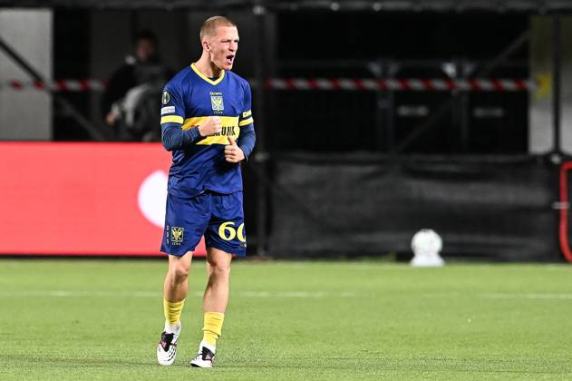 STVV s Robert-Jan Vanwesemael celebrates after scoring during a soccer game between Belgian Sint-Truidense VV and Georgian FC Iberia 1999 Tbilisi, Thursday 15 October 2026 in Sint-Truiden, the opening match of the UEFA Conference League league phase. JILLxDELSAUX  x189926873x