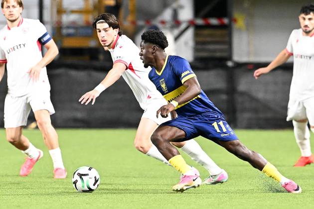 Iberia s Nikoloz Dadiani and STVV s Nathanael Mbuku pictured in action during a soccer game between Belgian Sint-Truidense VV and Georgian FC Iberia 1999 Tbilisi, Thursday 15 October 2026 in Sint-Truiden, the opening match of the UEFA Conference League league phase. JILLxDELSAUX  x189927087x