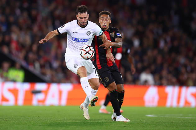 Bournemouth, England, 15th October 2026. Valmir Matoshi of Sturm Graz and Marcus Tavernier of AFC Bournemouth challenge for the ball during the AFC Bournemouth vs Sturm Graz UEFA Europa League match at the Vitality Stadium, Bournemouth. Picture credit should read: Paul Terry Sportimage EDITORIAL USE ONLY. No use with unauthorised audio, video, data, fixture lists, club league logos or live services. Online in-match use limited to 120 images, no video emulation. No use in betting, games or single club league player publications. SPI_016_PT_Bournemouth_Sturm_Graz SPI-5072-0016