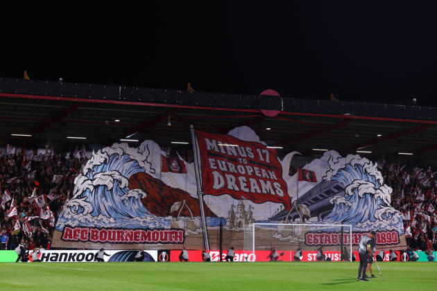 Bournemouth, England, 15th October 2026. Bournemouth Tifo before during the AFC Bournemouth vs Sturm Graz UEFA Europa League match at the Vitality Stadium, Bournemouth. Picture credit should read: Paul Terry Sportimage EDITORIAL USE ONLY. No use with unauthorised audio, video, data, fixture lists, club league logos or live services. Online in-match use limited to 120 images, no video emulation. No use in betting, games or single club league player publications. SPI_017_PT_Bournemouth_Sturm_Graz SPI-5072-0017