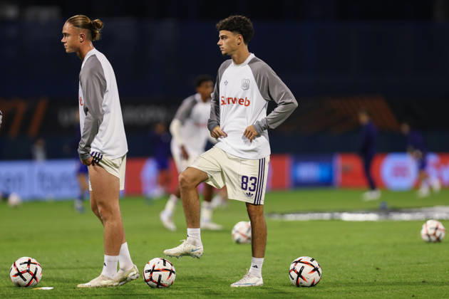Zagreb, Croatia, 15th October 2026. UEFA Europa League. League phase, Matchday 2, Dinamo Zagreb vs Anderlecht at Maksimir Stadium, Zagreb. Tristan DEGREEF (83) warming up. UEFA Europa League, Dinamo Zagreb vs Anderlecht. 