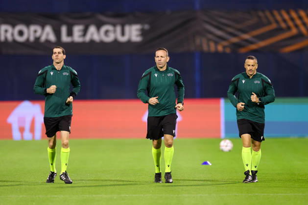 GNK Dinamo v RSC Anderlecht - UEFA Europa League 2026 27 League Phase MD2 Referees Idan Yarkoni, Orel Grinfeeld and Roy Hassan warm up before the UEFA Europa League 2026 27 League Phase MD2 match between GNK Dinamo and RSC Anderlecht at Stadion Maksimir on October 15, 2026 in Zagreb, Croatia.  MatijaxHabljak PIXSELL