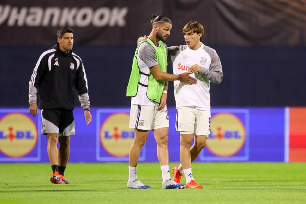 GNK Dinamo v RSC Anderlecht - UEFA Europa League 2026 27 League Phase MD2 Leo Petrot and Mihajlo Cvetkovic of Anderlecht warm up before the UEFA Europa League 2026 27 League Phase MD2 match between GNK Dinamo and RSC Anderlecht at Stadion Maksimir on October 15, 2026 in Zagreb, Croatia.  MatijaxHabljak PIXSELL