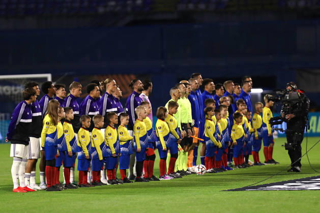 Zagreb, Croatia, 15th October 2026. UEFA Europa League. League phase, Matchday 2, Dinamo Zagreb vs Anderlecht at Maksimir Stadium, Zagreb. Players and kids posing for cameras and photographers. UEFA Europa League, Dinamo Zagreb vs Anderlecht. 