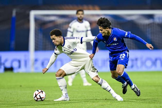 GNK Dinamo v RSC Anderlecht - UEFA Europa League ZAGREB, CROATIA - OCTOBER 15 : Stroeykens Mario midfielder of RSC Anderlecht, Almena Iker midfielder of GNK Dinamo Zagreb in action during the UEFA Europa League 2026 27 League Phase matchday 2 match between GNK Dinamo and RSC Anderlecht on October 15, 2026 in Zagreb, Croatia, 15 10 2026 Zagreb Croatia  Copyright: xNicoxVereeckenx