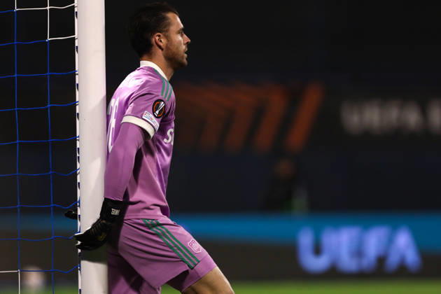 Zagreb, Croatia, 15th October 2026. UEFA Europa League. League phase, Matchday 2, Dinamo Zagreb vs Anderlecht at Maksimir Stadium, Zagreb. Colin COOSEMANS (26) by the goal. UEFA Europa League, Dinamo Zagreb vs Anderlecht. 