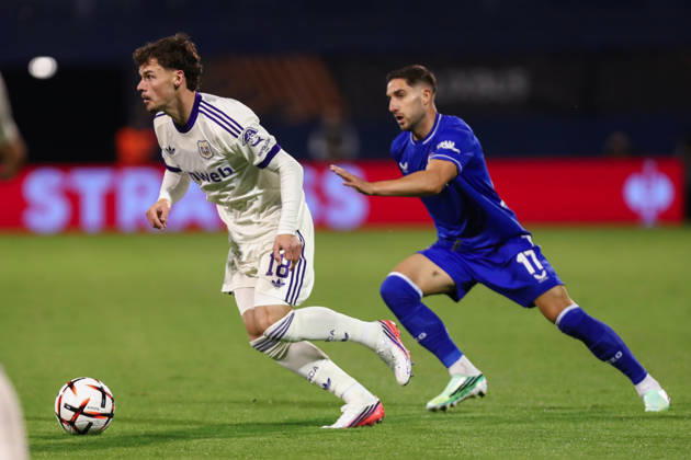 Zagreb, Croatia, 15th October 2026. UEFA Europa League. League phase, Matchday 2, Dinamo Zagreb vs Anderlecht at Maksimir Stadium, Zagreb. Lukas AMBROS (18) and Luka IVANUSEC (17) in duel. UEFA Europa League, Dinamo Zagreb vs Anderlecht. 