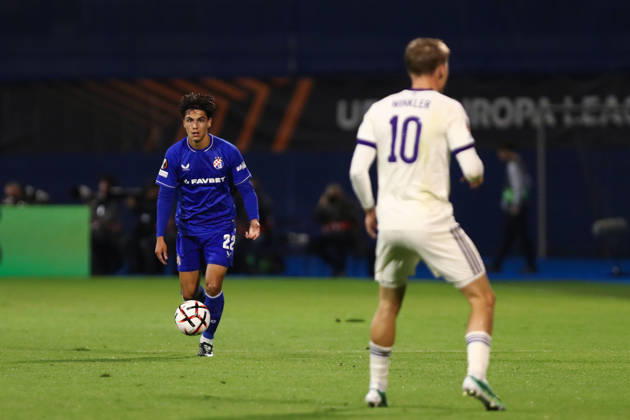 Zagreb, Croatia, 15th October 2026. UEFA Europa League. League phase, Matchday 2, Dinamo Zagreb vs Anderlecht at Maksimir Stadium, Zagreb. Matteo PEREZ VINLOF (22) and Marten WINKLER (10). UEFA Europa League, Dinamo Zagreb vs Anderlecht. 