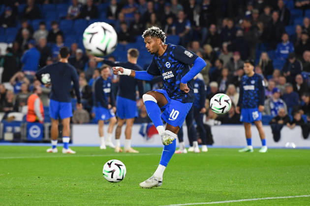 Brighton and Hove Albion v Kauno Zalgiris, UEFA Conference League Georginio Rutter Forward of Brighton and Hove Albion warms up before the UEFA Conference League match between Brighton and Hove Albion and Kauno Zalgiris at the American Express Stadium, Brighton and Hove, UK on 15 October 2026. Brighton and Hove American Express Stadium East Sussex UK Editorial use only , Copyright: xJeffxMoodx PSI-25024-0010