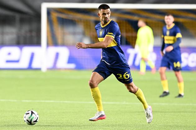 STVV s Visar Musliu pictured in action during a soccer game between Belgian Sint-Truidense VV and Georgian FC Iberia 1999 Tbilisi, Thursday 15 October 2026 in Sint-Truiden, the opening match of the UEFA Conference League league phase. JILLxDELSAUX  x189929179x
