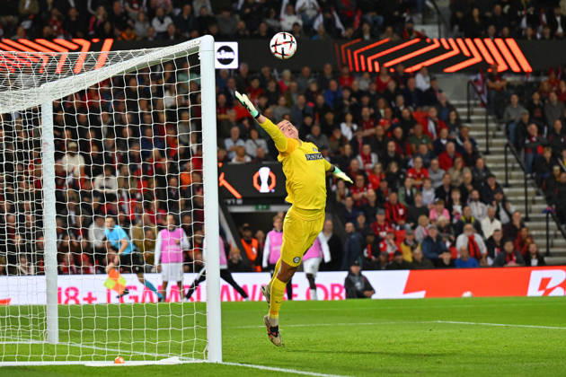 Bournemouth v Sturm Graz, Europa League Goal 1-0 - Daniil Khudyakov (53) of Sturm Graz is beaten by a headed shot at goal by Evanilson (9) of AFC Bournemouth during the Europa League match between Bournemouth and Sturm Graz at the Vitality Stadium, Bournemouth, UK on 15 October 2026. Bournemouth Vitality Stadium Dorset UK Editorial use only , Copyright: xGrahamxHuntx PSI-25011-0079