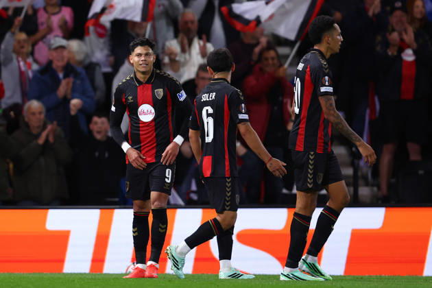 Bournemouth, England, 15th October 2026. Evanilson (L) of AFC Bournemouth celebrates after scoring to make it 1-0 during the AFC Bournemouth vs Sturm Graz UEFA Europa League match at the Vitality Stadium, Bournemouth. Picture credit should read: Paul Terry Sportimage EDITORIAL USE ONLY. No use with unauthorised audio, video, data, fixture lists, club league logos or live services. Online in-match use limited to 120 images, no video emulation. No use in betting, games or single club league player publications. SPI_021_PT_Bournemouth_Sturm_Graz SPI-5072-0021