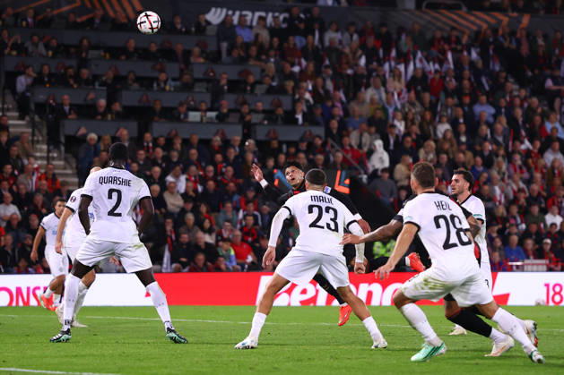 Bournemouth, England, 15th October 2026. Evanilson of AFC Bournemouth scores to make it 1-0 during the AFC Bournemouth vs Sturm Graz UEFA Europa League match at the Vitality Stadium, Bournemouth. Picture credit should read: Paul Terry Sportimage EDITORIAL USE ONLY. No use with unauthorised audio, video, data, fixture lists, club league logos or live services. Online in-match use limited to 120 images, no video emulation. No use in betting, games or single club league player publications. SPI_022_PT_Bournemouth_Sturm_Graz SPI-5072-0022