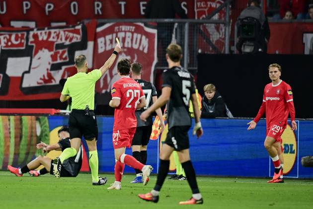 ENSCHEDE , 15Ã10-2026 , Stadium Grolsch Veste , season 2026 2027 , UEFA Conference League football , match between FC Twente and FC Thun , picture shows FC Twente player Aske Adelgaard shown yellow card Twente - Thun  x208455344x Copyright: