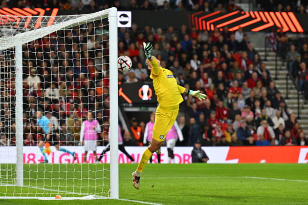 Bournemouth v Sturm Graz, Europa League Goal 1-0 - Daniil Khudyakov (53) of Sturm Graz is beaten by a shot at goal by Evanilson (9) of AFC Bournemouth during the Europa League match between Bournemouth and Sturm Graz at the Vitality Stadium, Bournemouth, UK on 15 October 2026. Bournemouth Vitality Stadium Dorset UK Editorial use only , Copyright: xGrahamxHuntx PSI-25011-0083