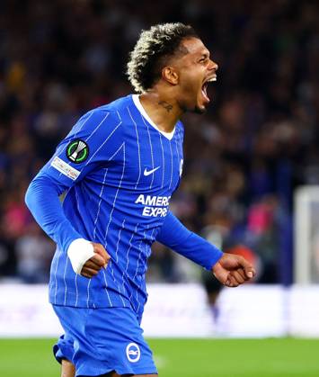 Georginio Rutter of Brighton and Hove Albion celebrates scoring a goal after making the score 1-0. Brighton & Hove Albion v Kauno Zalgiris, UEFA Conference League, Football, American Express Stadium, Brighton, UK - 15 Oct 2026Brighton American Express Stadium United Kingdom  Copyright: xJamesxMarsh Shutterstockx 17218542am