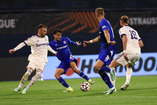 Zagreb, Croatia, 15th October 2026. UEFA Europa League. League phase, Matchday 2, Dinamo Zagreb vs Anderlecht at Maksimir Stadium, Zagreb. Iker ALMENA (23), Luka STOJKOVIC (10), Thelo AASGAARD (19). UEFA Europa League, Dinamo Zagreb vs Anderlecht. 