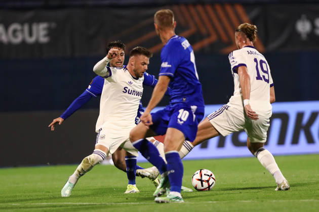 Zagreb, Croatia, 15th October 2026. UEFA Europa League. League phase, Matchday 2, Dinamo Zagreb vs Anderlecht at Maksimir Stadium, Zagreb. Iker ALMENA (23), Luka STOJKOVIC (10), Thelo AASGAARD (19). UEFA Europa League, Dinamo Zagreb vs Anderlecht. 