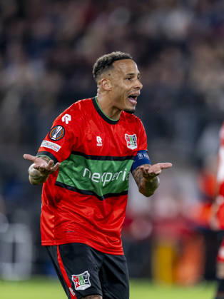 NIJMEGEN - NEC Nijmegen forward Tjaronn Chery during the UEFA Europa League match between N.E.C. and Levski Sofia at Stadion De Goffert on 15 October 2026 in Nijmegen, Nederland. (Photo by DeFodi Images) -