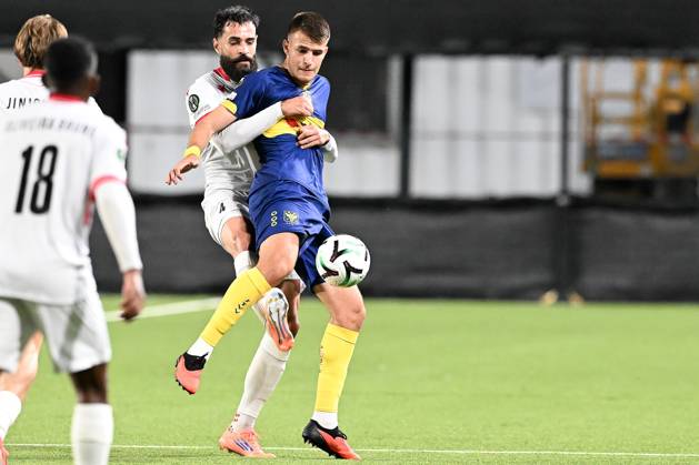 Iberia s Vahid Selimovic and STVV s Samed Bazdar pictured in action during a soccer game between Belgian Sint-Truidense VV and Georgian FC Iberia 1999 Tbilisi, Thursday 15 October 2026 in Sint-Truiden, the opening match of the UEFA Conference League league phase. JILLxDELSAUX  x189929846x