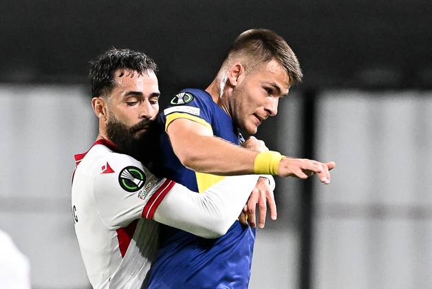 Iberia s Vahid Selimovic and STVV s Samed Bazdar pictured in action during a soccer game between Belgian Sint-Truidense VV and Georgian FC Iberia 1999 Tbilisi, Thursday 15 October 2026 in Sint-Truiden, the opening match of the UEFA Conference League league phase. JILLxDELSAUX  x189929802x