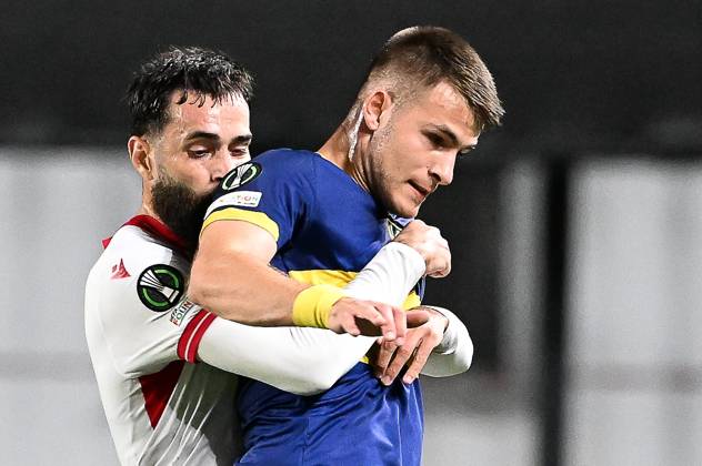 Iberia s Vahid Selimovic and STVV s Samed Bazdar pictured in action during a soccer game between Belgian Sint-Truidense VV and Georgian FC Iberia 1999 Tbilisi, Thursday 15 October 2026 in Sint-Truiden, the opening match of the UEFA Conference League league phase. JILLxDELSAUX  x189929812x
