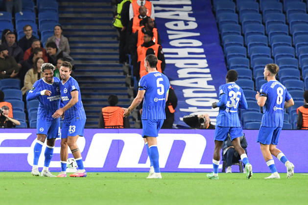 Brighton and Hove Albion v Kauno Zalgiris, UEFA Conference League GOAL CELEBRATION by Georginio Rutter Forward of Brighton and Hove Albion after he made it 1-0 during the UEFA Conference League match between Brighton and Hove Albion and Kauno Zalgiris at the American Express Stadium, Brighton and Hove, UK on 15 October 2026. Brighton and Hove American Express Stadium East Sussex UK Editorial use only , Copyright: xJeffxMoodx PSI-25024-0014