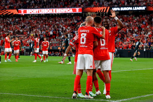 LISBON, PORTUGAL - OCTOBER 15: Alexander Bah defender of Benfica and teammate celebrates after scoring the team s second goal during the UEFA Europa League 2026 27 League Phase MD2 match between SL Benfica and Celtic FC at Estadio do SL Benfica on October 15, 2026 in Lisbon, Portugal (Photo by Valter Gouveia Sports Press Photo SPP) Copyright: xSportsxPressxPhotox Sportspressphoto_SPR257249