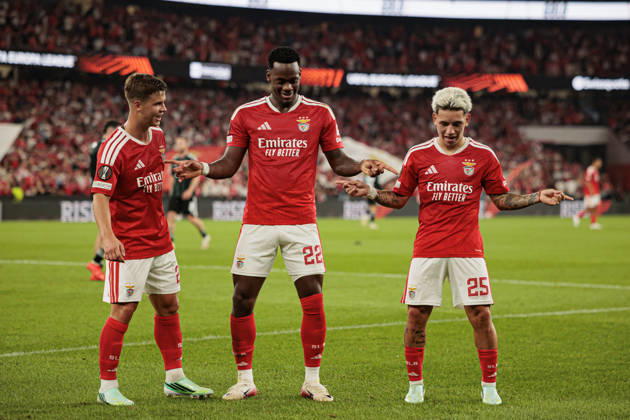 Jhon Duran and Gianluca Prestianni seen celebrating after scoring goal during UEFA Europa League 2026 2027 league phase game between teams of SL Benfica and Celtic FC at Estadio Da Luz (Maciej Rogowski Ball Raw Images PT) Lisbon Estadio Da Luz Portugal Copyright: xMaciejxRogowskix maciejrogowski_benfica_celtic_2627-3