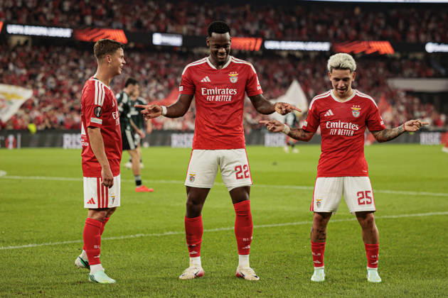 Jhon Duran and Gianluca Prestianni seen celebrating after scoring goal during UEFA Europa League 2026 2027 league phase game between teams of SL Benfica and Celtic FC at Estadio Da Luz (Maciej Rogowski Ball Raw Images PT) Lisbon Estadio Da Luz Portugal Copyright: xMaciejxRogowskix maciejrogowski_benfica_celtic_2627-5