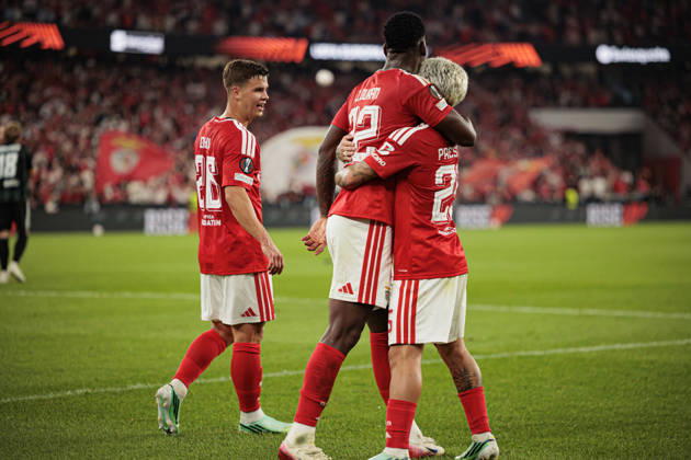Jhon Duran and Gianluca Prestianni seen celebrating after scoring goal during UEFA Europa League 2026 2027 league phase game between teams of SL Benfica and Celtic FC at Estadio Da Luz (Maciej Rogowski Ball Raw Images PT) Lisbon Estadio Da Luz Portugal Copyright: xMaciejxRogowskix maciejrogowski_benfica_celtic_2627-8