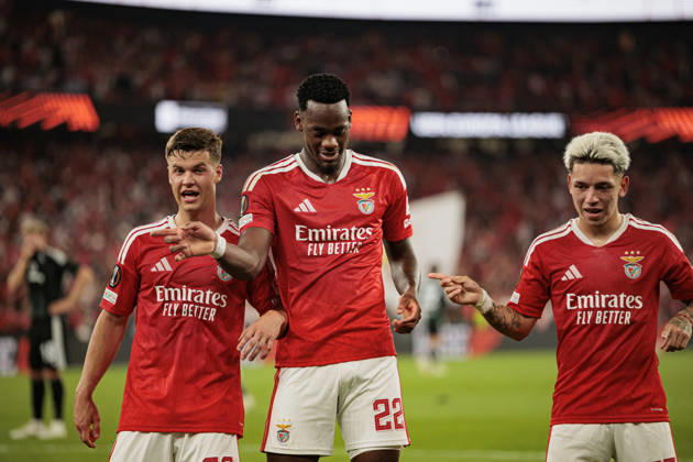 Jhon Duran and Gianluca Prestianni seen celebrating after scoring goal during UEFA Europa League 2026 2027 league phase game between teams of SL Benfica and Celtic FC at Estadio Da Luz (Maciej Rogowski Ball Raw Images PT) Lisbon Estadio Da Luz Portugal Copyright: xMaciejxRogowskix maciejrogowski_benfica_celtic_2627-2