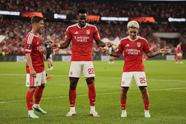 Jhon Duran and Gianluca Prestianni seen celebrating after scoring goal during UEFA Europa League 2026 2027 league phase game between teams of SL Benfica and Celtic FC at Estadio Da Luz (Maciej Rogowski Ball Raw Images PT) Lisbon Estadio Da Luz Portugal Copyright: xMaciejxRogowskix maciejrogowski_benfica_celtic_2627-4