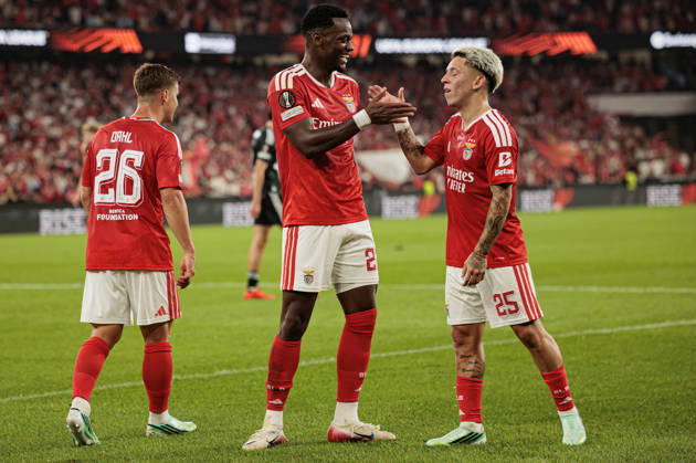 Jhon Duran and Gianluca Prestianni seen celebrating after scoring goal during UEFA Europa League 2026 2027 league phase game between teams of SL Benfica and Celtic FC at Estadio Da Luz (Maciej Rogowski Ball Raw Images PT) Lisbon Estadio Da Luz Portugal Copyright: xMaciejxRogowskix maciejrogowski_benfica_celtic_2627-6