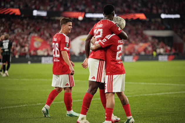 Jhon Duran and Gianluca Prestianni seen celebrating after scoring goal during UEFA Europa League 2026 2027 league phase game between teams of SL Benfica and Celtic FC at Estadio Da Luz (Maciej Rogowski Ball Raw Images PT) Lisbon Estadio Da Luz Portugal Copyright: xMaciejxRogowskix maciejrogowski_benfica_celtic_2627-7