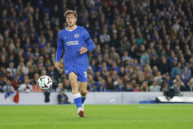 RECORD DATE NOT STATED 15th October 2026; American Express Stadium, Brighton, England; UEFA Conference League Football, Brighton and Hove Albion versus Kauno Zalgiris; Michael Svoboda of Brighton and Hove Albion moving the ball wide in attack formation ChrisxRoll