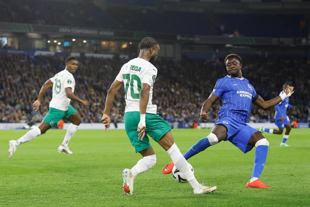 RECORD DATE NOT STATED 15th October 2026; American Express Stadium, Brighton, England; UEFA Conference League Football, Brighton and Hove Albion versus Kauno Zalgiris; Fabien Ourega of Kauno Zalgiris looking for Renan Oliveira of Kauno Zalgiris under huge pressure from Ibrahim Osman of Brighton and Hove Albion ChrisxRoll