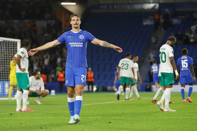 RECORD DATE NOT STATED 15th October 2026; American Express Stadium, Brighton, England; UEFA Conference League Football, Brighton and Hove Albion versus Kauno Zalgiris; Olivier Boscagli of Brighton and Hove Albion celebrating his teams second goal in the final minute of the first half ChrisxRoll