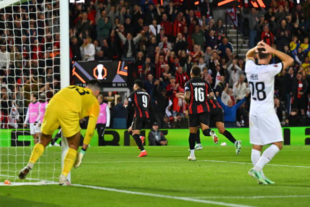 Bournemouth v Sturm Graz, Europa League Goal 1-0 - Evanilson (9) of AFC Bournemouth celebrates scoring the opening goal during the Europa League match between Bournemouth and Sturm Graz at the Vitality Stadium, Bournemouth, UK on 15 October 2026. Bournemouth Vitality Stadium Dorset UK Editorial use only , Copyright: xGrahamxHuntx PSI-25011-0092