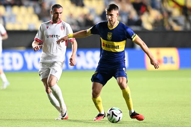 Iberia s Bakar Kardava and STVV s Samed Bazdar pictured in action during a soccer game between Belgian Sint-Truidense VV and Georgian FC Iberia 1999 Tbilisi, Thursday 15 October 2026 in Sint-Truiden, the opening match of the UEFA Conference League league phase. JILLxDELSAUX  x189933035x