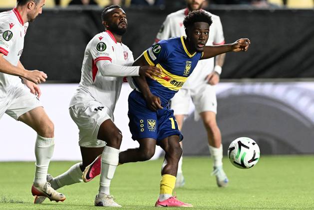 Iberia s Lucas Cafe and STVV s Nathanael Mbuku pictured in action during a soccer game between Belgian Sint-Truidense VV and Georgian FC Iberia 1999 Tbilisi, Thursday 15 October 2026 in Sint-Truiden, the opening match of the UEFA Conference League league phase. JILLxDELSAUX  x189933017x